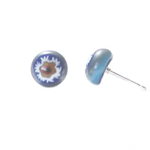 Murano Millefiori Blue Brown Flower Sterling Post Stud Earrings