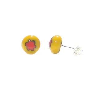 Murano Millefiori Yellow Red Flower Sterling Silver Post Earrings, Studs