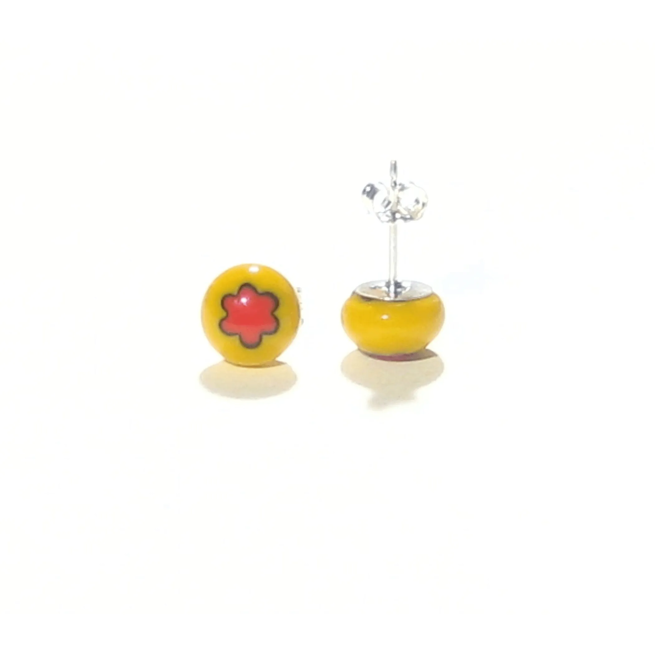 Murano Millefiori Yellow Red Flower Sterling Silver Post Earrings, Studs