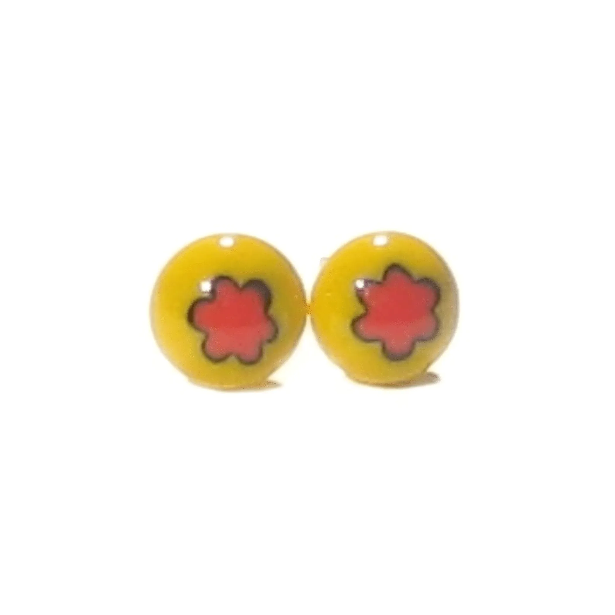 Murano Millefiori Yellow Red Flower Sterling Silver Post Earrings, Studs
