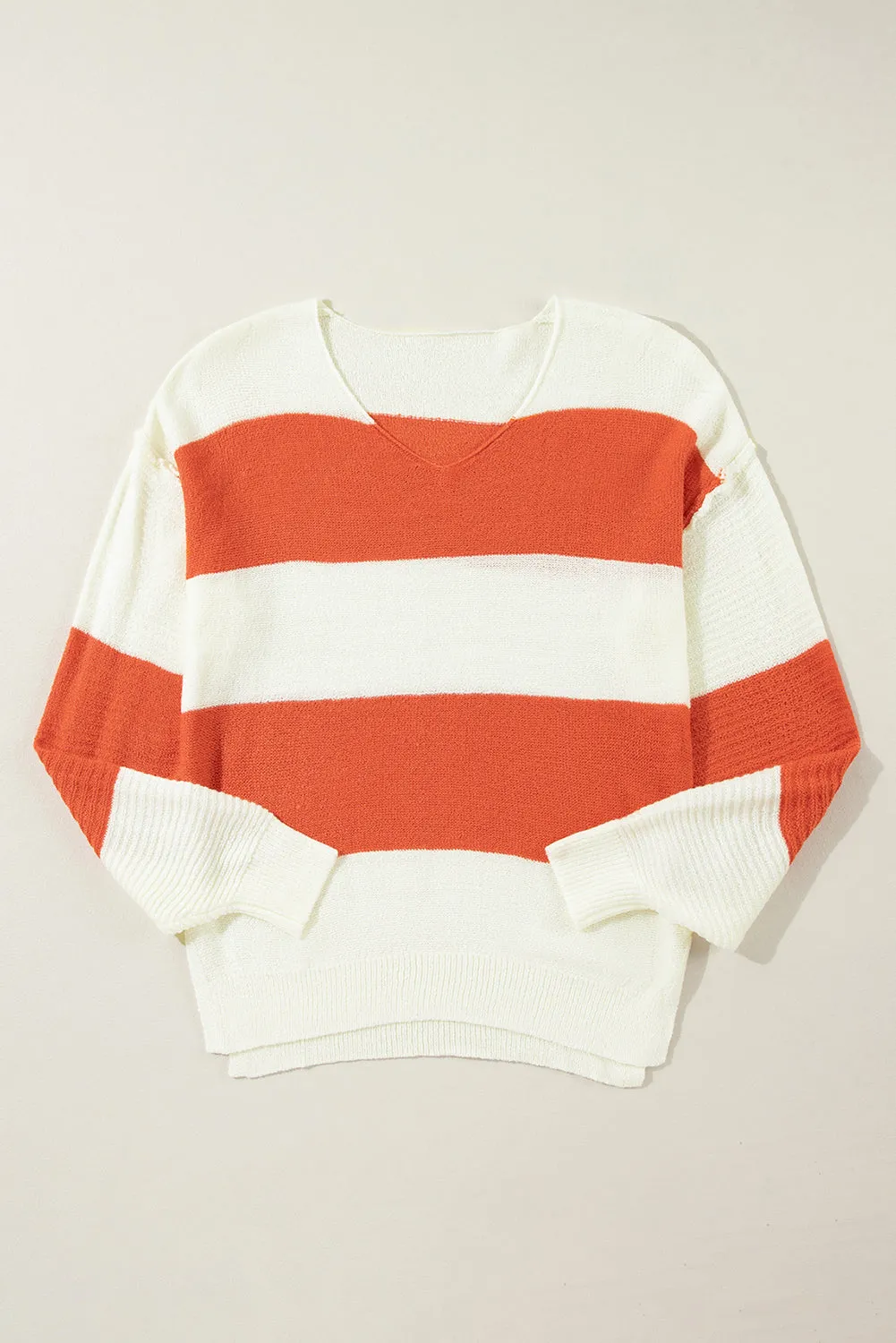 Orange Stripe Loose Color Block Drop Shoulder Bubble Sleeve Sweater