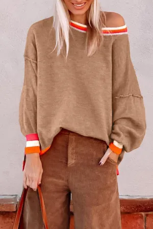 Parchment Colorblock Striped Trim Drop Shoulder Sweater