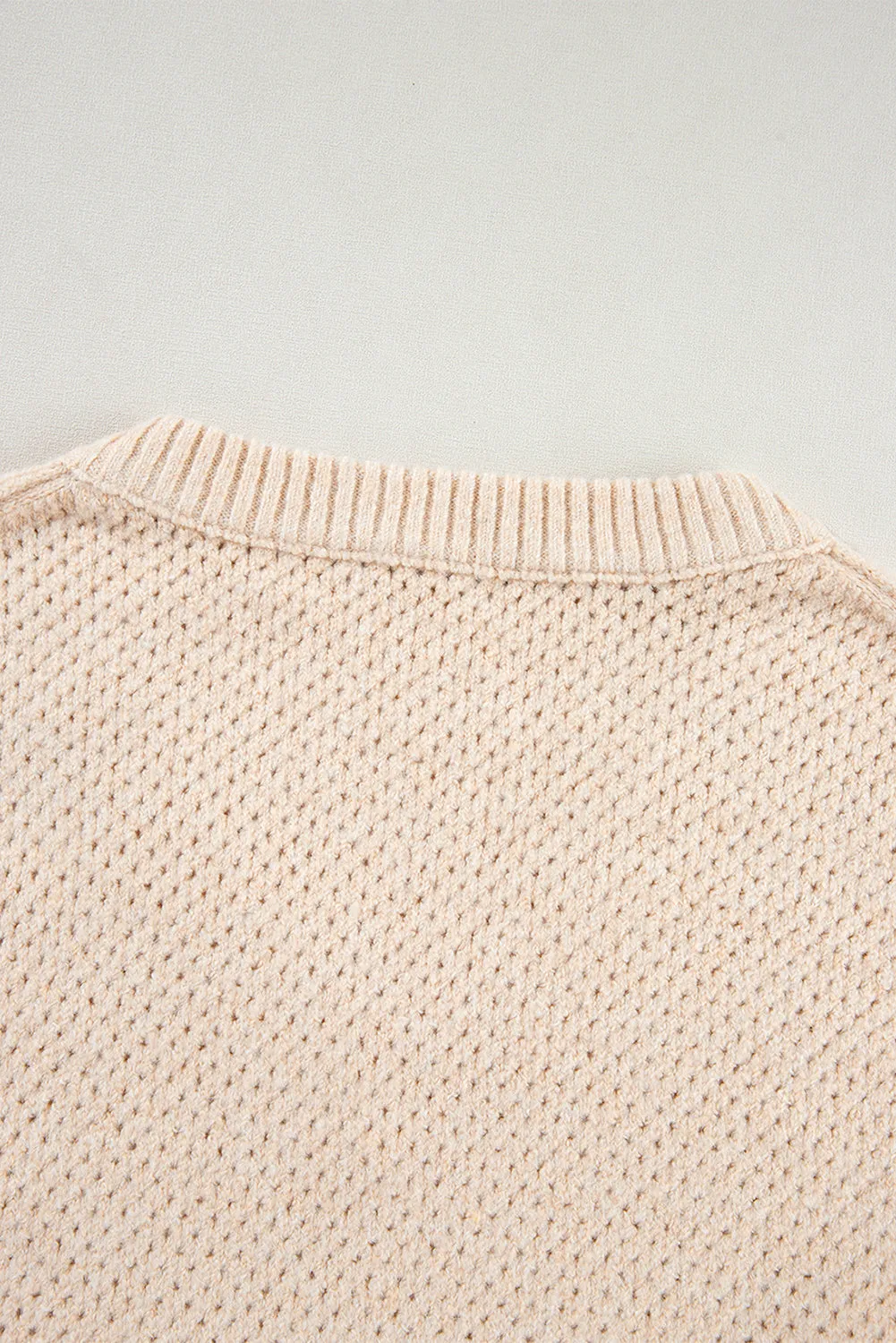 Parchment Loose Eyelet V Neck Drop Shoulder Sweater