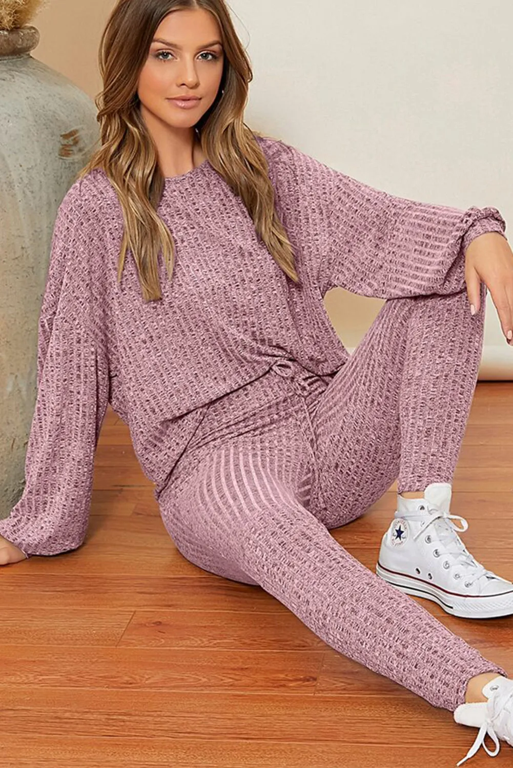 Peach Blossom Ribbed Drop Shoulder Top and Knot Waist Leggings Set