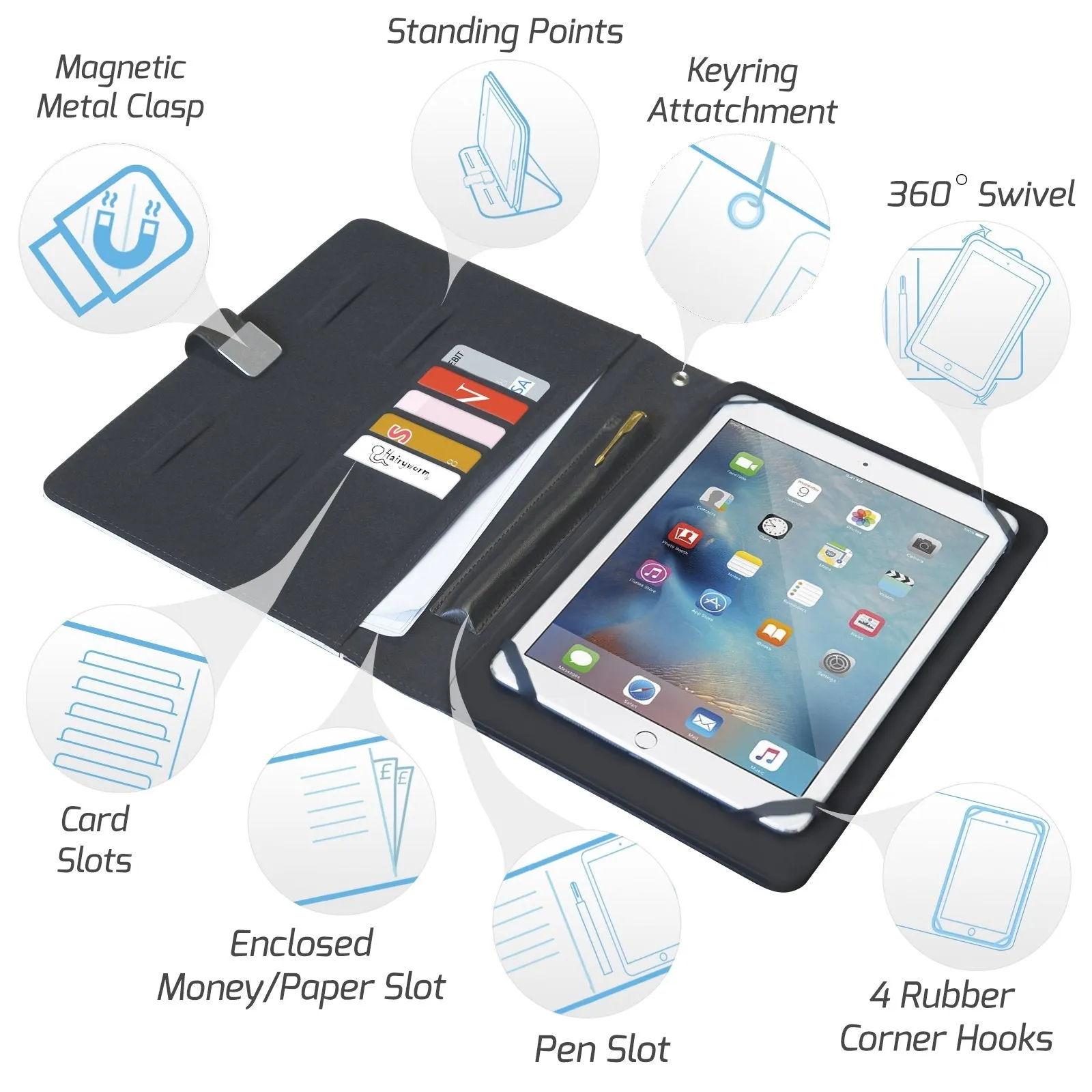 Personalised Motorola Universal Leather Tablet Case With Aqua Blue Marble