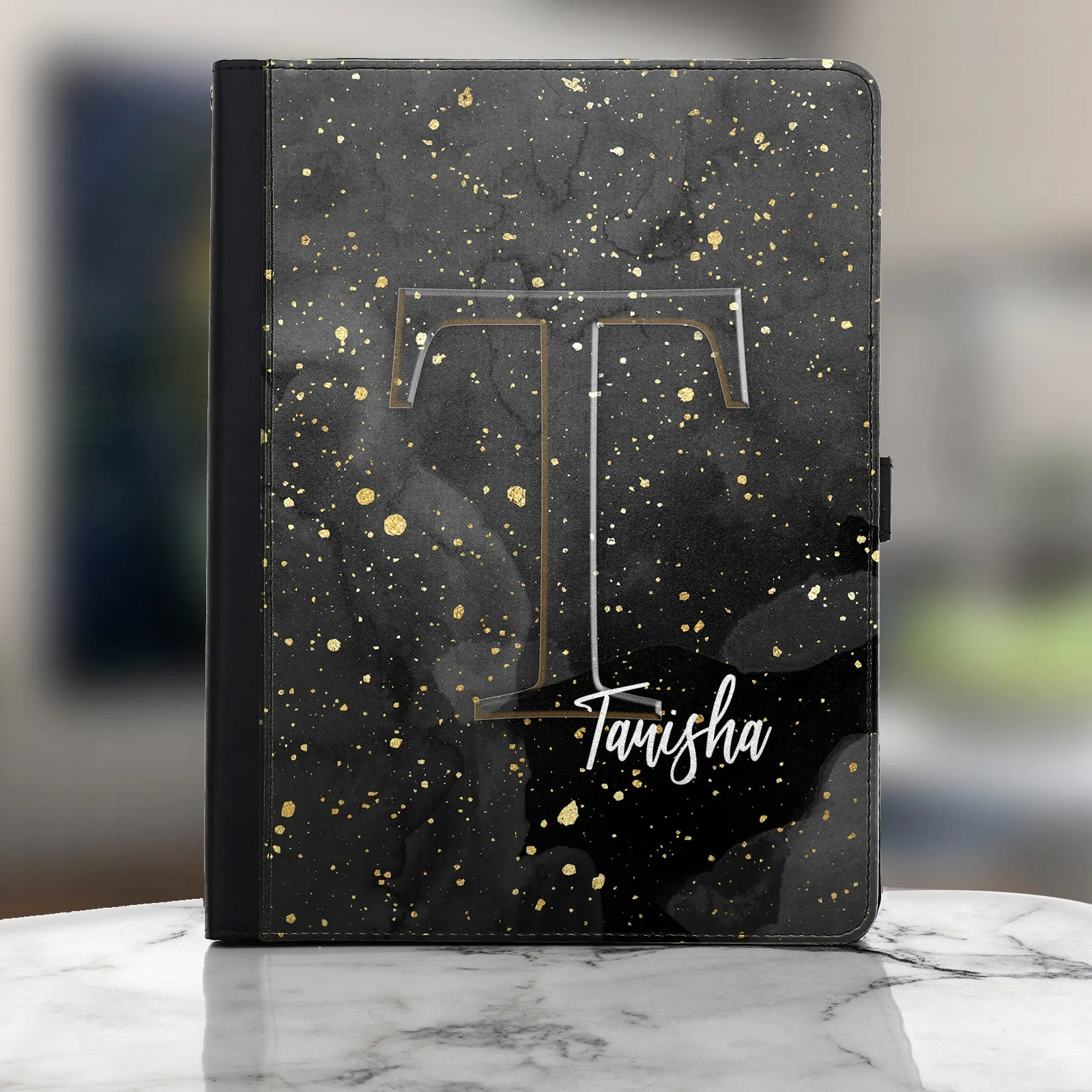 Personalised Yezz Universal Leather Tablet Case With Grey Speckle Marble