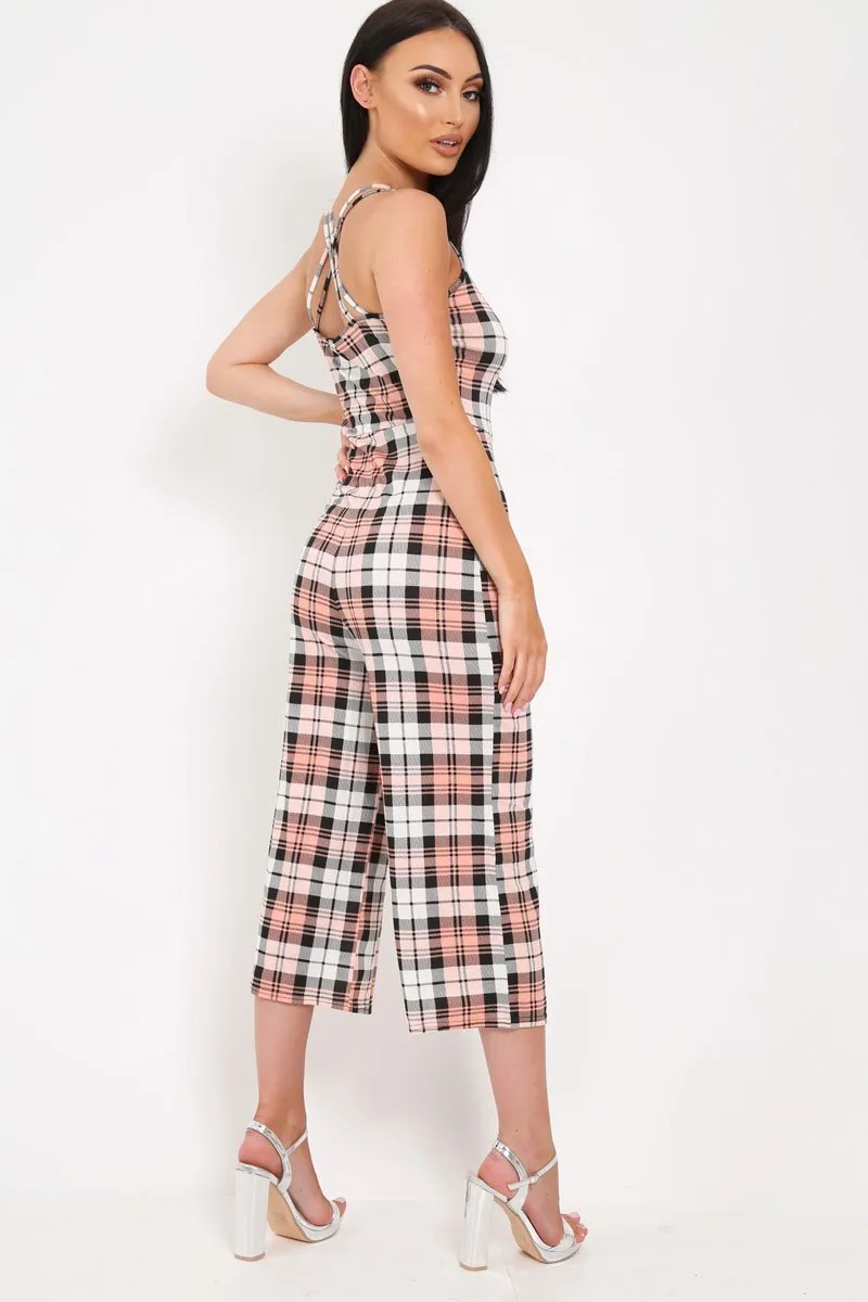 Pink Checked Button Front Jumpsuit - Lillier