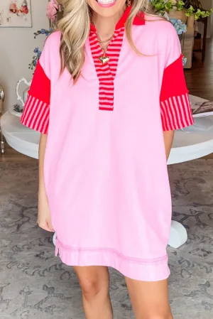 Pink Stripe Colorblock Short Sleeve Collared Mini Dress