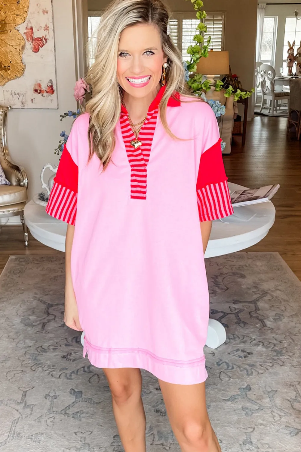 Pink Stripe Colorblock Short Sleeve Collared Mini Dress