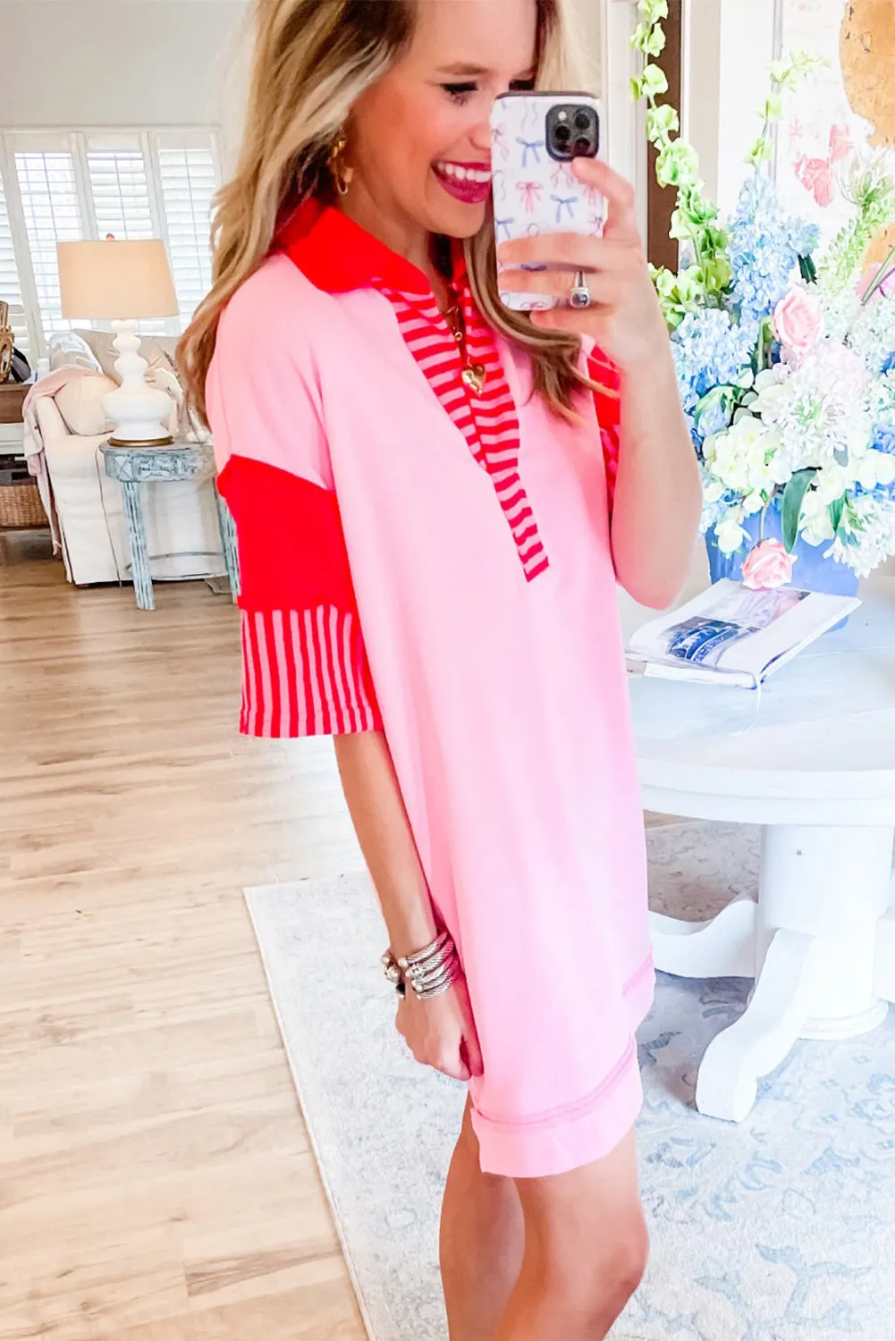 Pink Stripe Colorblock Short Sleeve Collared Mini Dress
