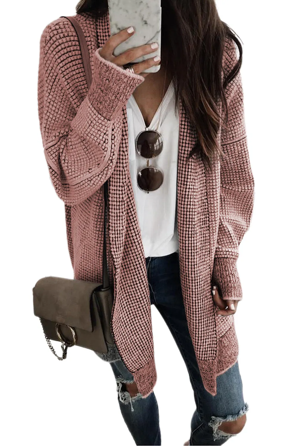Plaid Knitted Long Open Front Cardigan