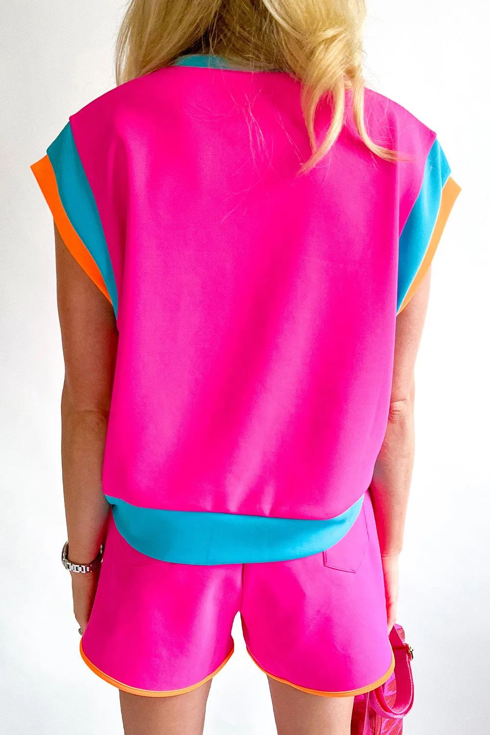 Rose Red Colorblock Patchwork Cap Sleeve Top Plus Shorts Set