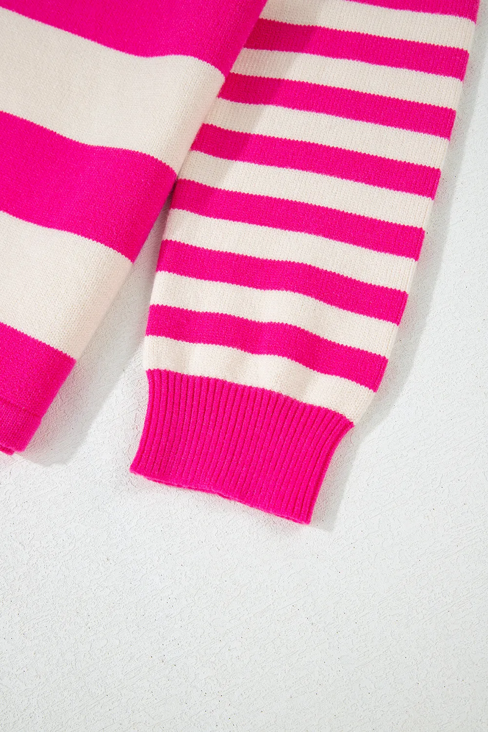 Rose Stripe Color Block Collared V Neck Drop Shoulder Sweater