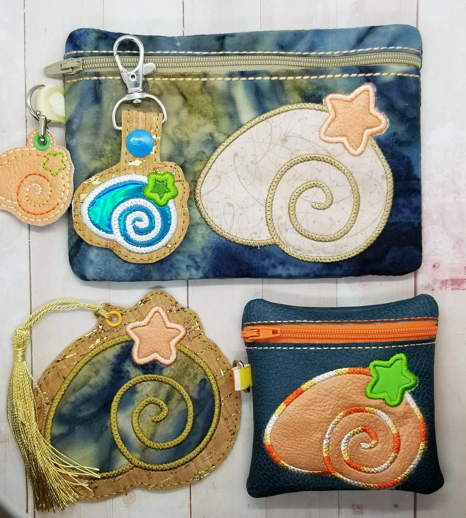 Shell Applique set (includes snap tab, charms, bookmark/bag tag/ornament, 4x4 ITH Bag & 5x7 ITH Bag) machine embroidery design DIGITAL DOWNLOAD