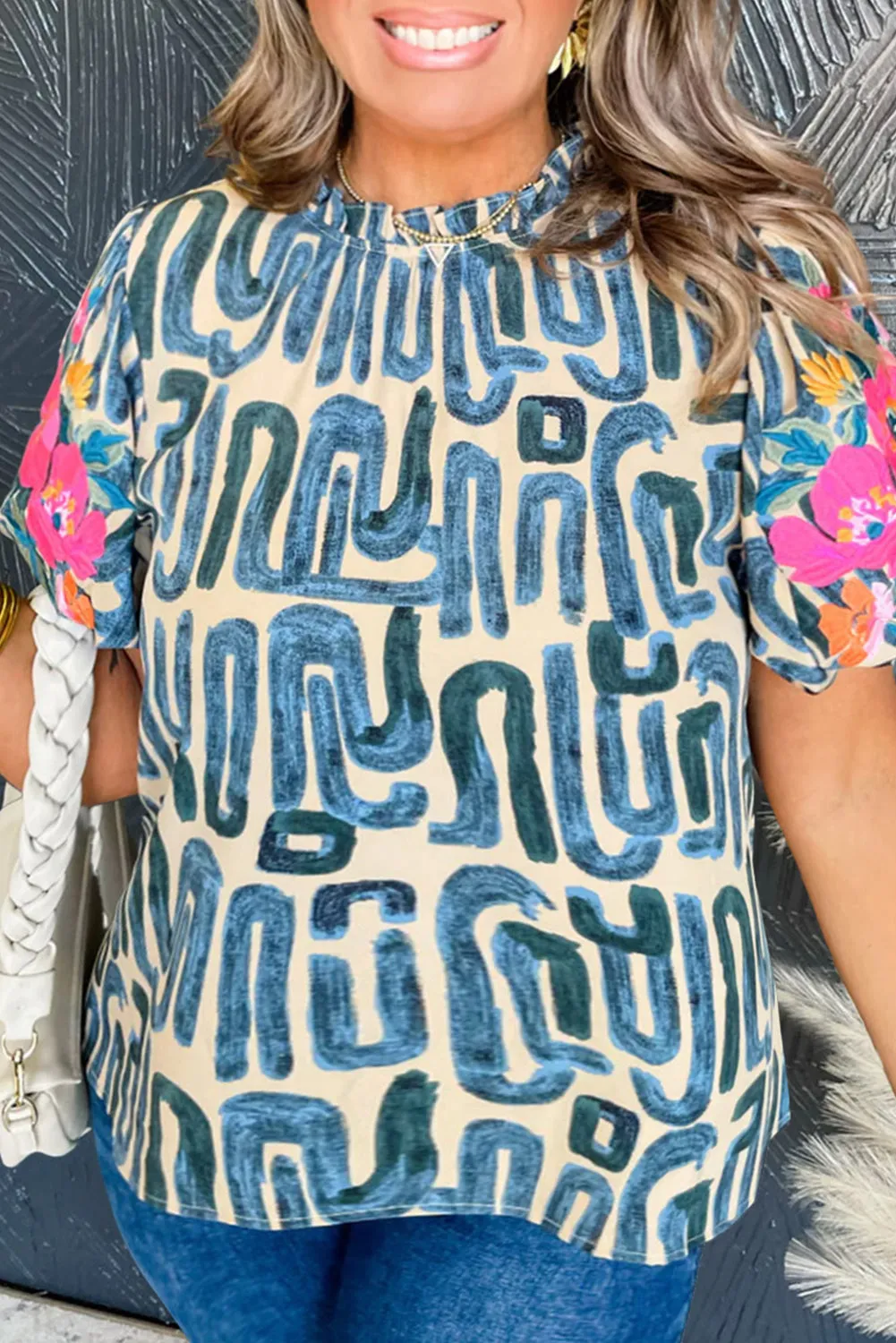 Sky Blue Stripe Plus Size Abstract Print Floral Embroidered Puff Sleeve Blouse