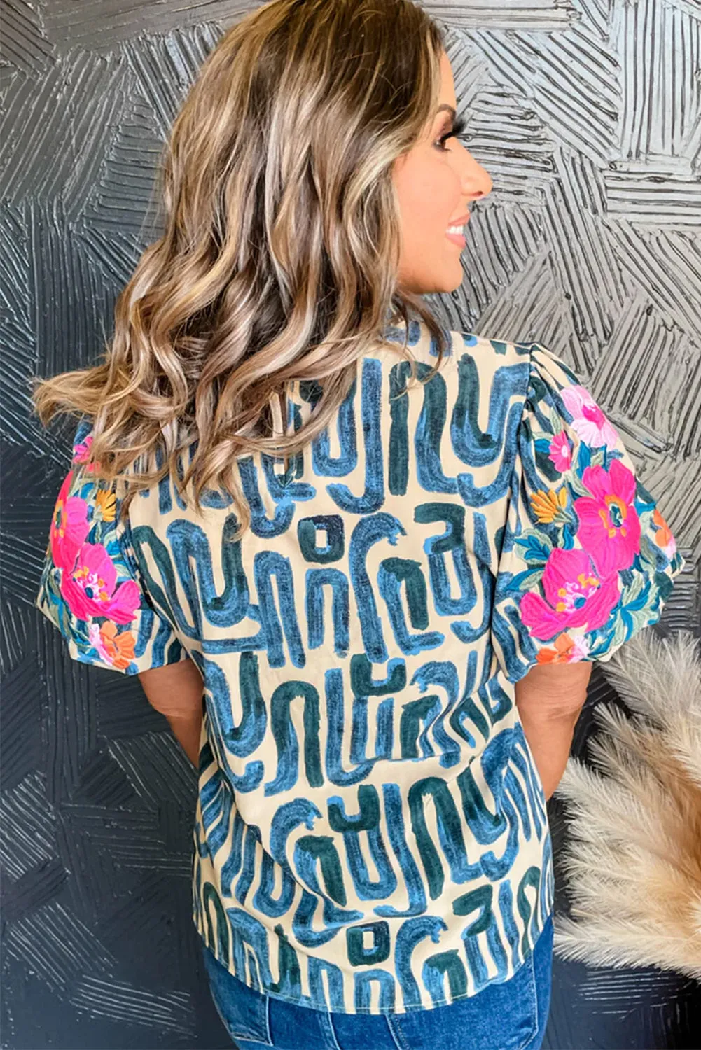 Sky Blue Stripe Plus Size Abstract Print Floral Embroidered Puff Sleeve Blouse