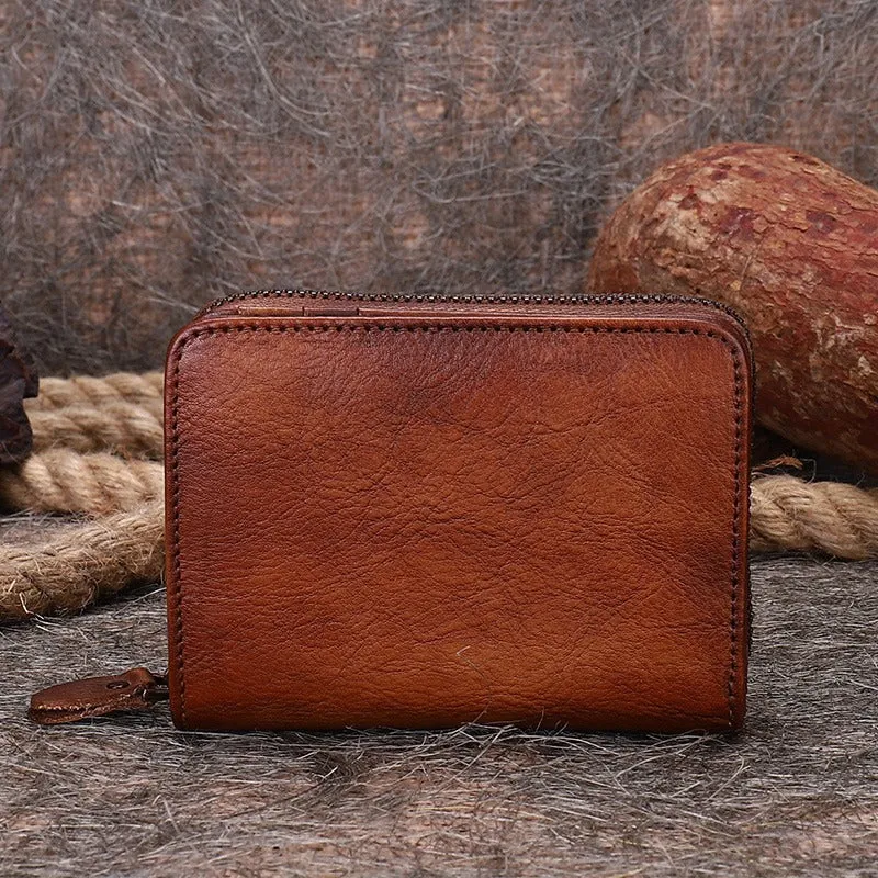 Small Green Leather Bifold Wallet Vintage Billfold Cute Women Zip Wallet For Ladies