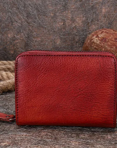 Small Green Leather Bifold Wallet Vintage Billfold Cute Women Zip Wallet For Ladies