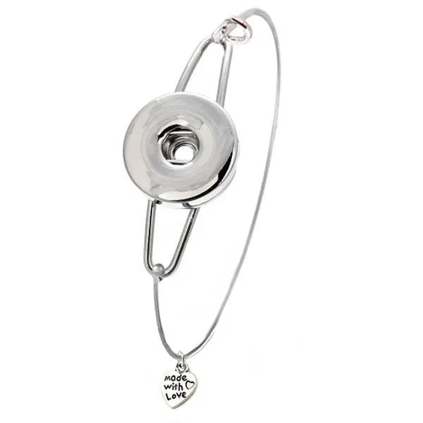 Snap button bangle bracelet heart dangle "made with love" base metal 18mm round silver blank finding