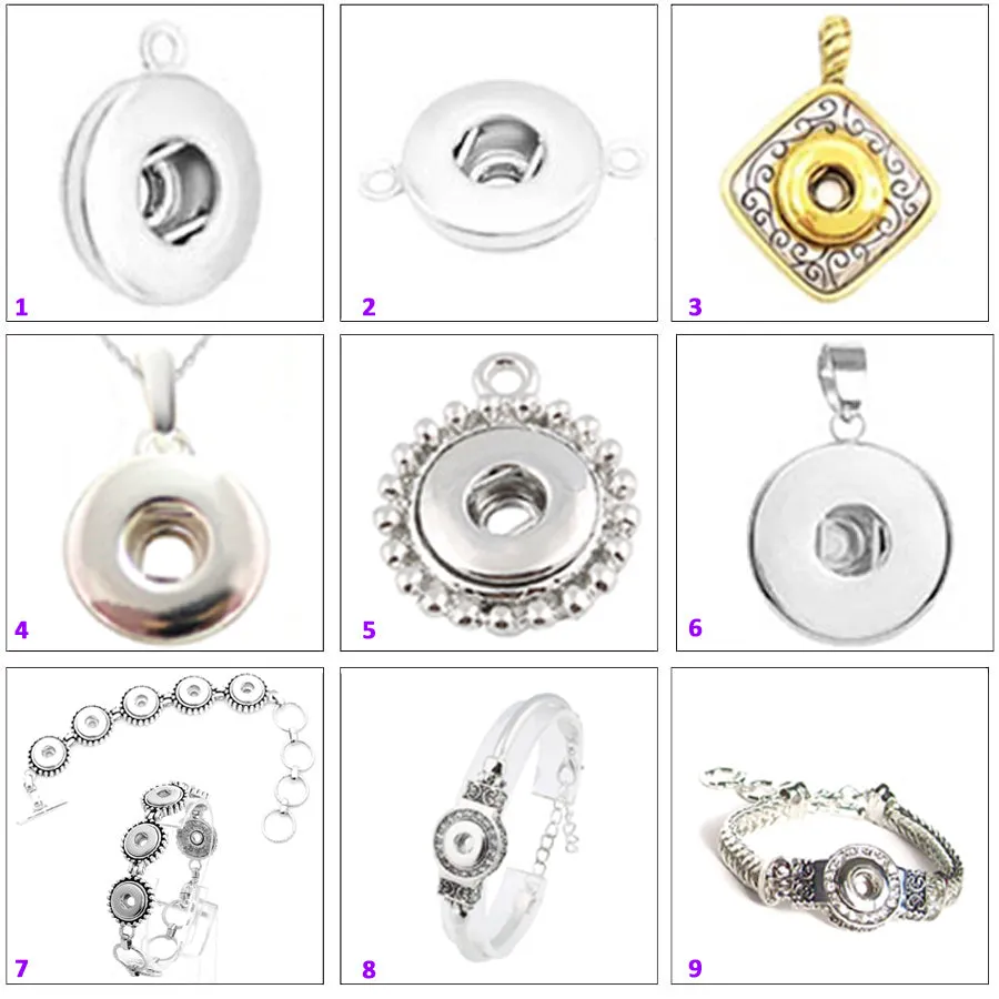 Snap button necklace pendant base 12mm diamond silver gold metal finding chain