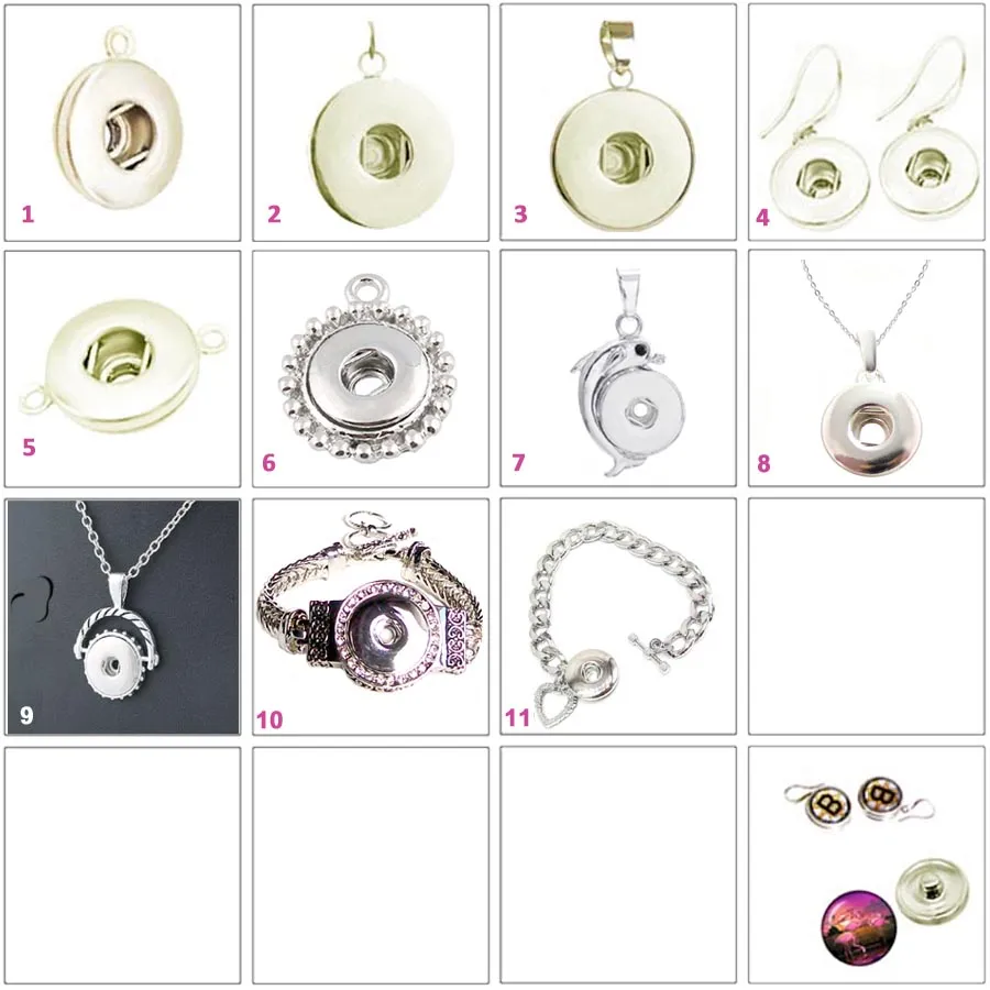 Snap button pendant base 18mm round silver metal finding single loop