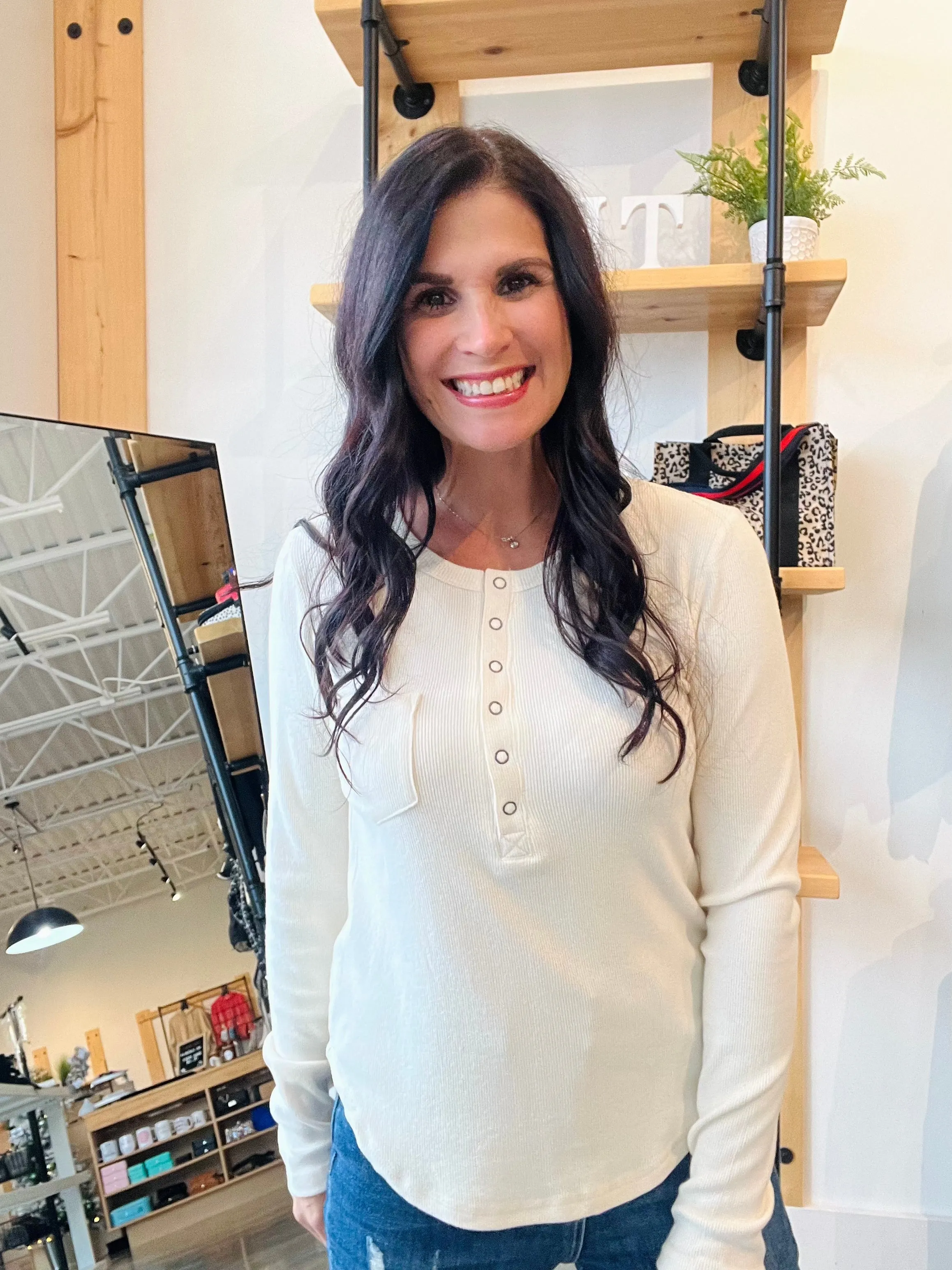 Snap Button Rib Top - Cream