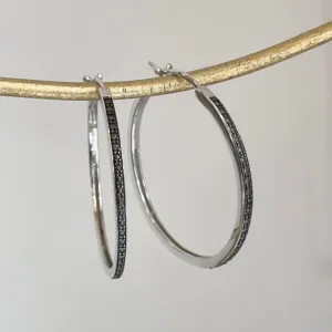 Sterling Silver Black Diamond Hoop Earrings 40mm