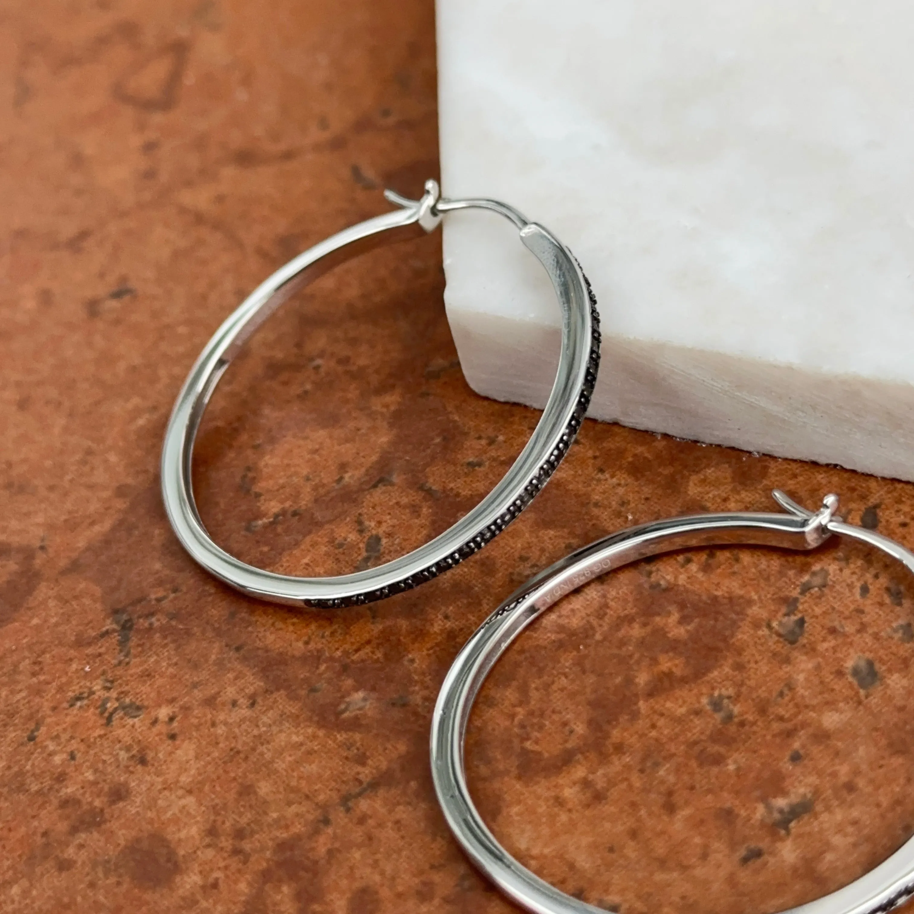 Sterling Silver Black Diamond Hoop Earrings 40mm