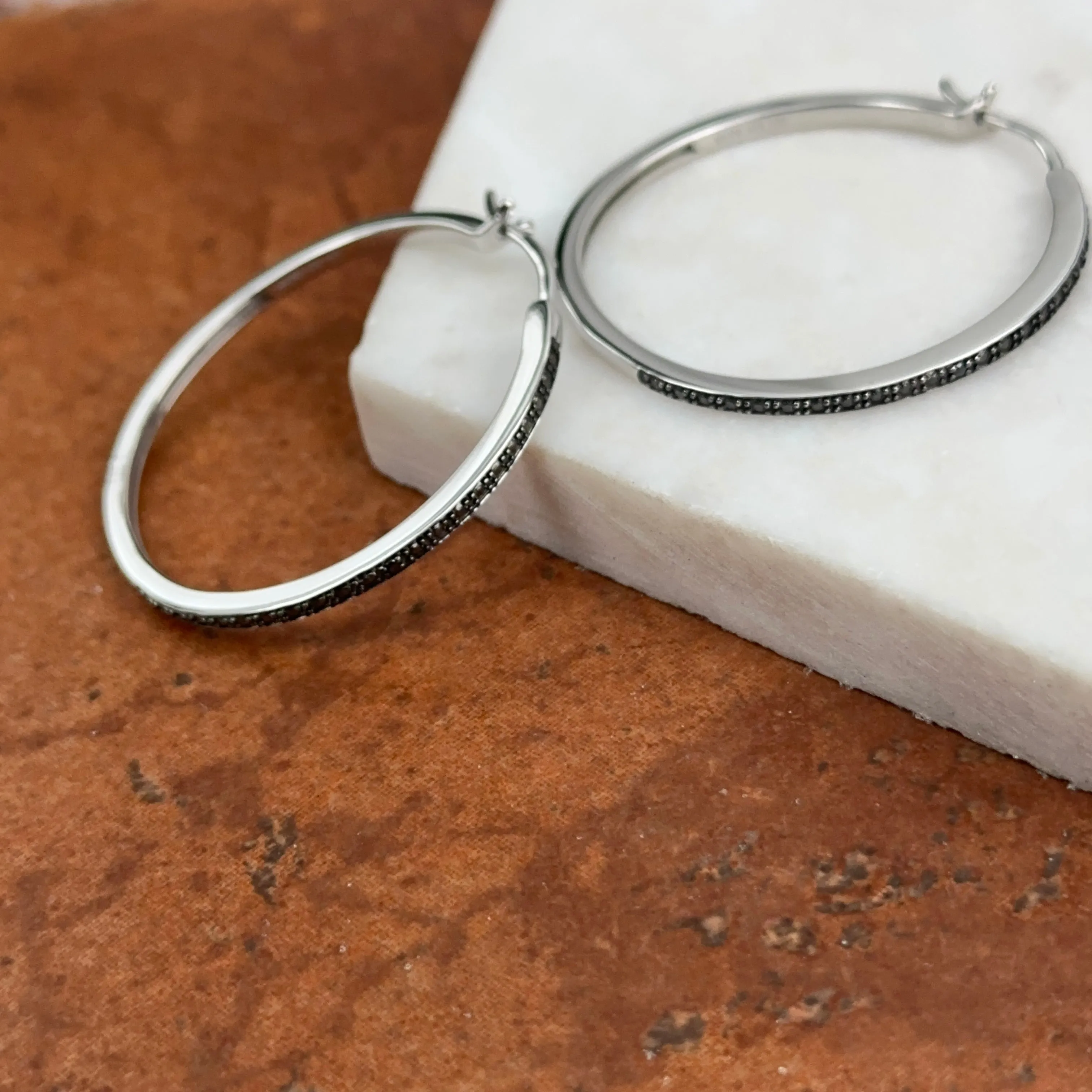 Sterling Silver Black Diamond Hoop Earrings 40mm