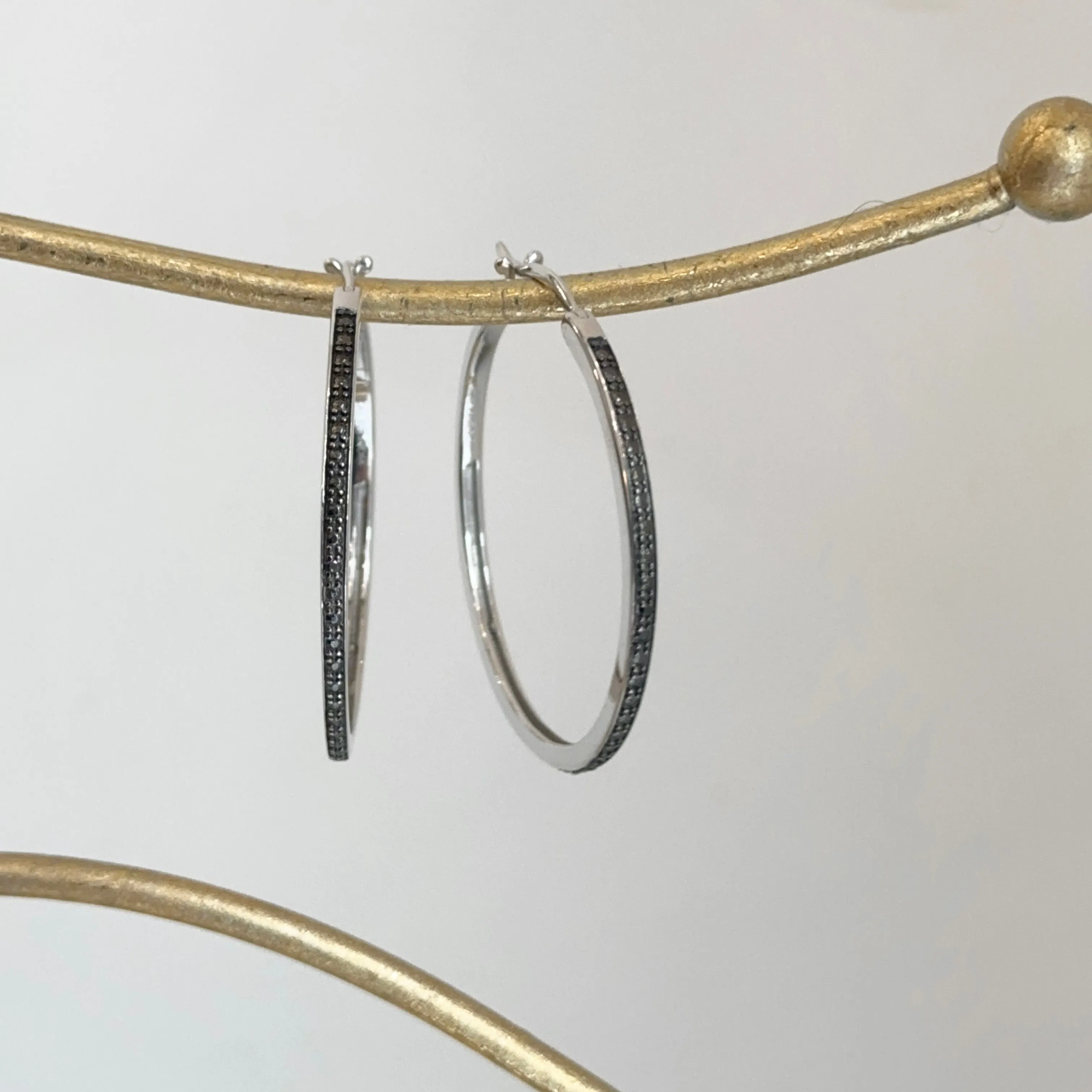 Sterling Silver Black Diamond Hoop Earrings 40mm