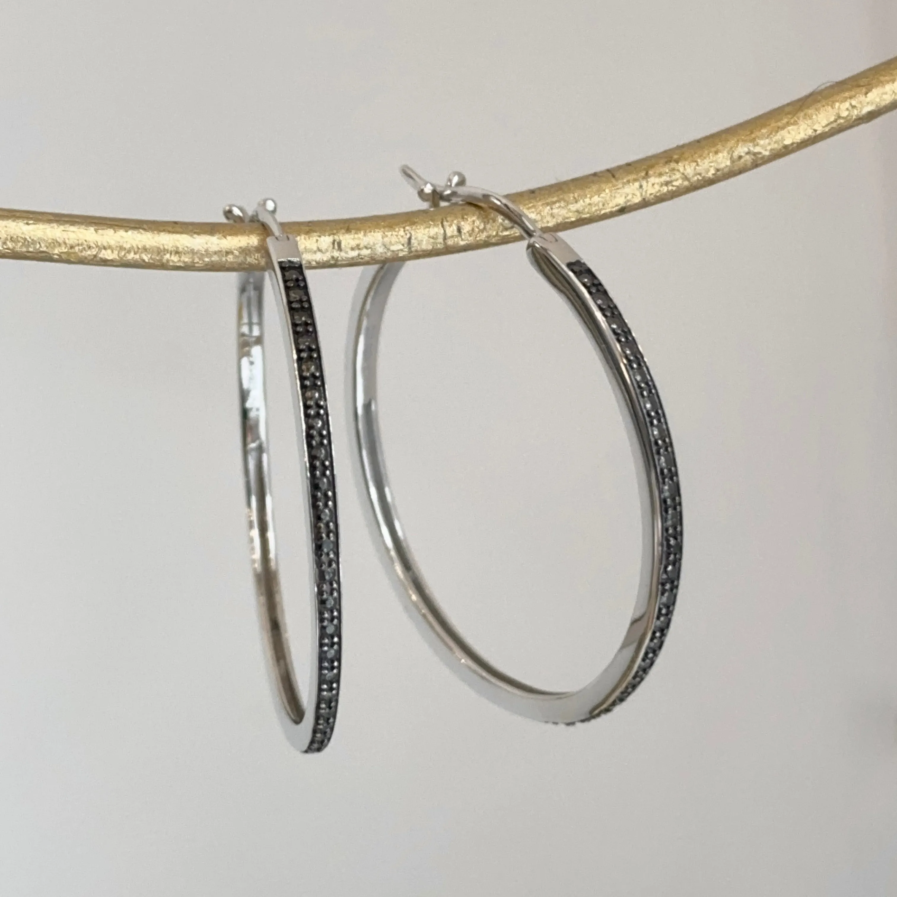 Sterling Silver Black Diamond Hoop Earrings 40mm