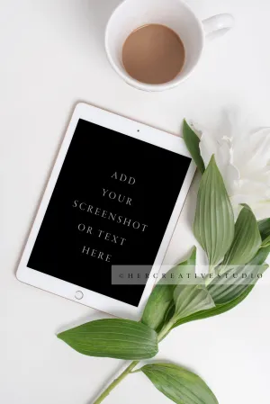 Tablet, Lily & Coffee on White Background