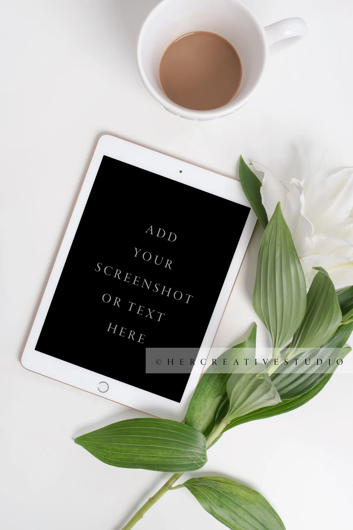 Tablet, Lily & Coffee on White Background