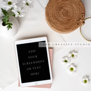 Tablet, Tote bag & Daisies, Styled Image