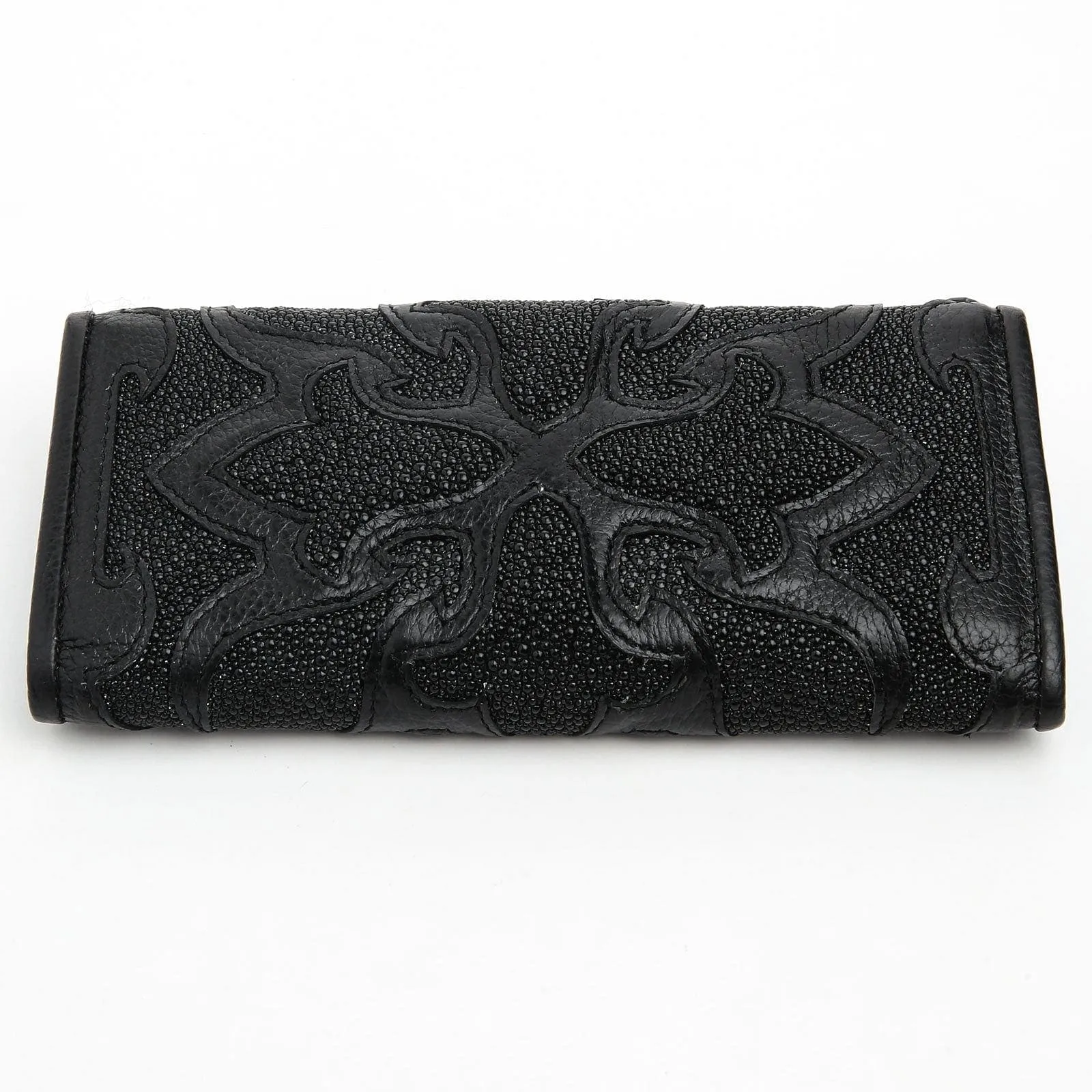 Tribal Cross Black Genuine Stingray Leather Trifold Biker Wallet