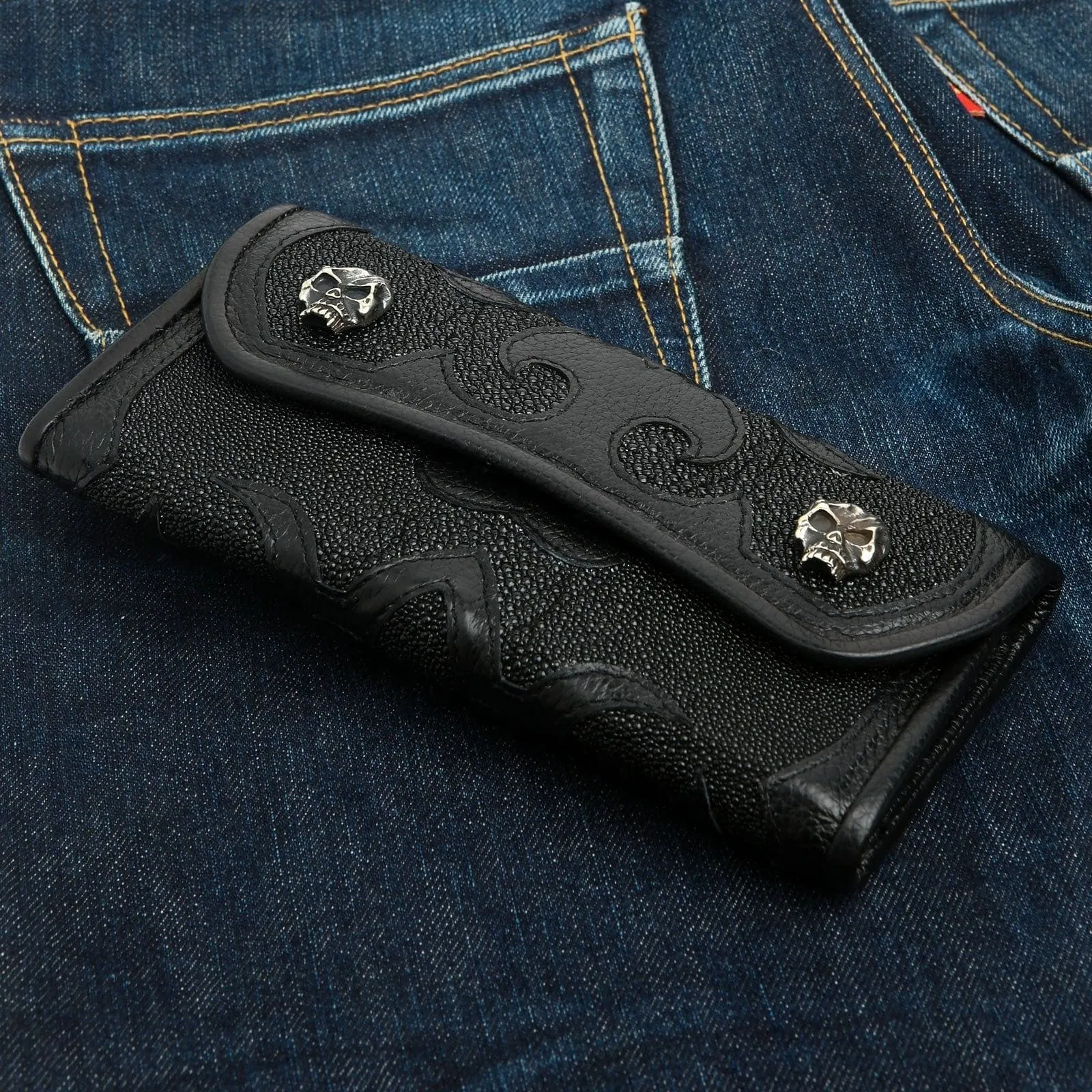 Tribal Cross Black Genuine Stingray Leather Trifold Biker Wallet