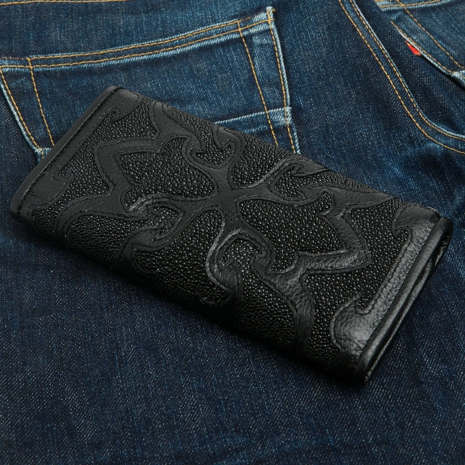 Tribal Cross Black Genuine Stingray Leather Trifold Biker Wallet