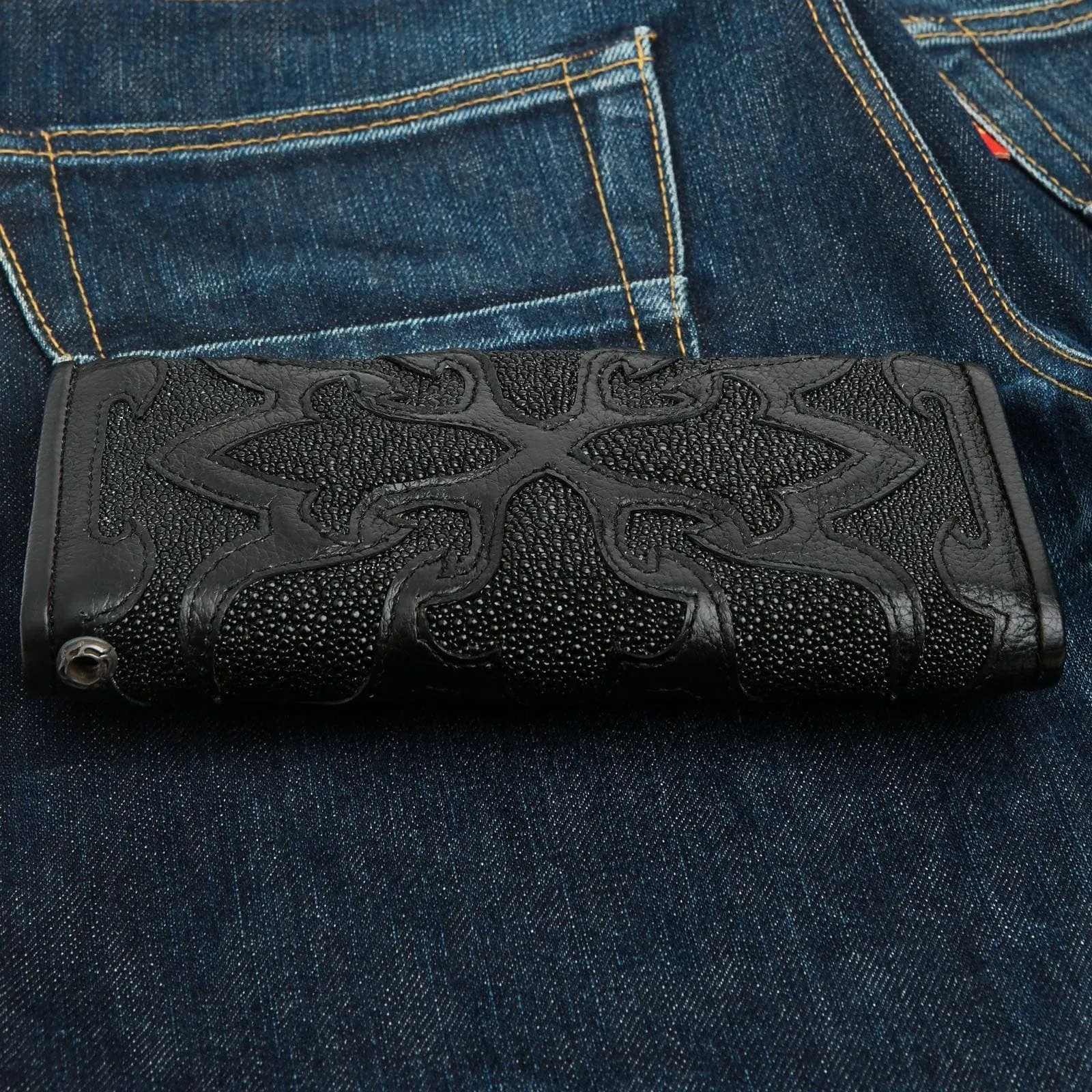 Tribal Cross Black Genuine Stingray Leather Trifold Biker Wallet