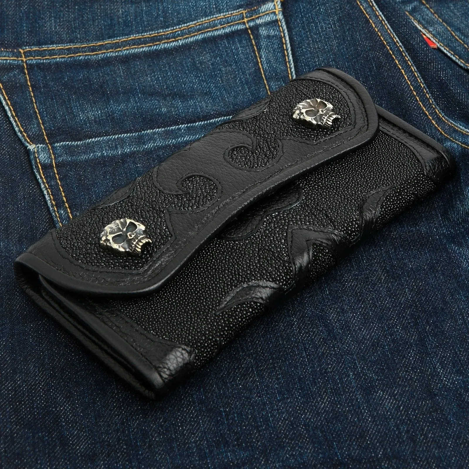 Tribal Cross Black Genuine Stingray Leather Trifold Biker Wallet