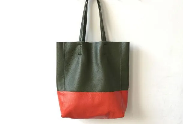 Two Tone Leather Tote Womens Vertical Tote Bag Large Vertical Leather Tote