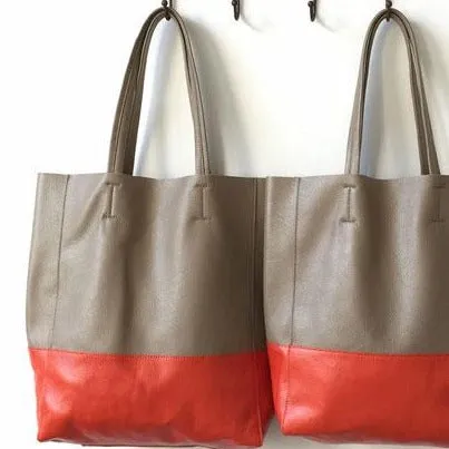 Two Tone Leather Tote Womens Vertical Tote Bag Large Vertical Leather Tote