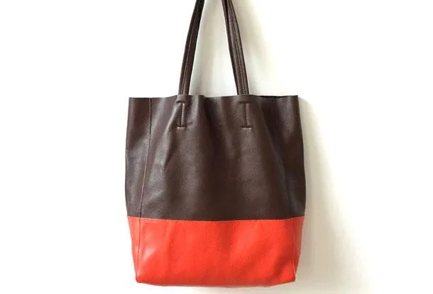 Two Tone Leather Tote Womens Vertical Tote Bag Large Vertical Leather Tote