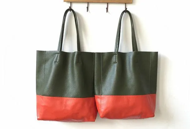 Two Tone Leather Tote Womens Vertical Tote Bag Large Vertical Leather Tote