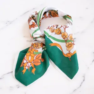 Vintage Orange and Green Scarf with Floral, Birds and Butterflies Motif