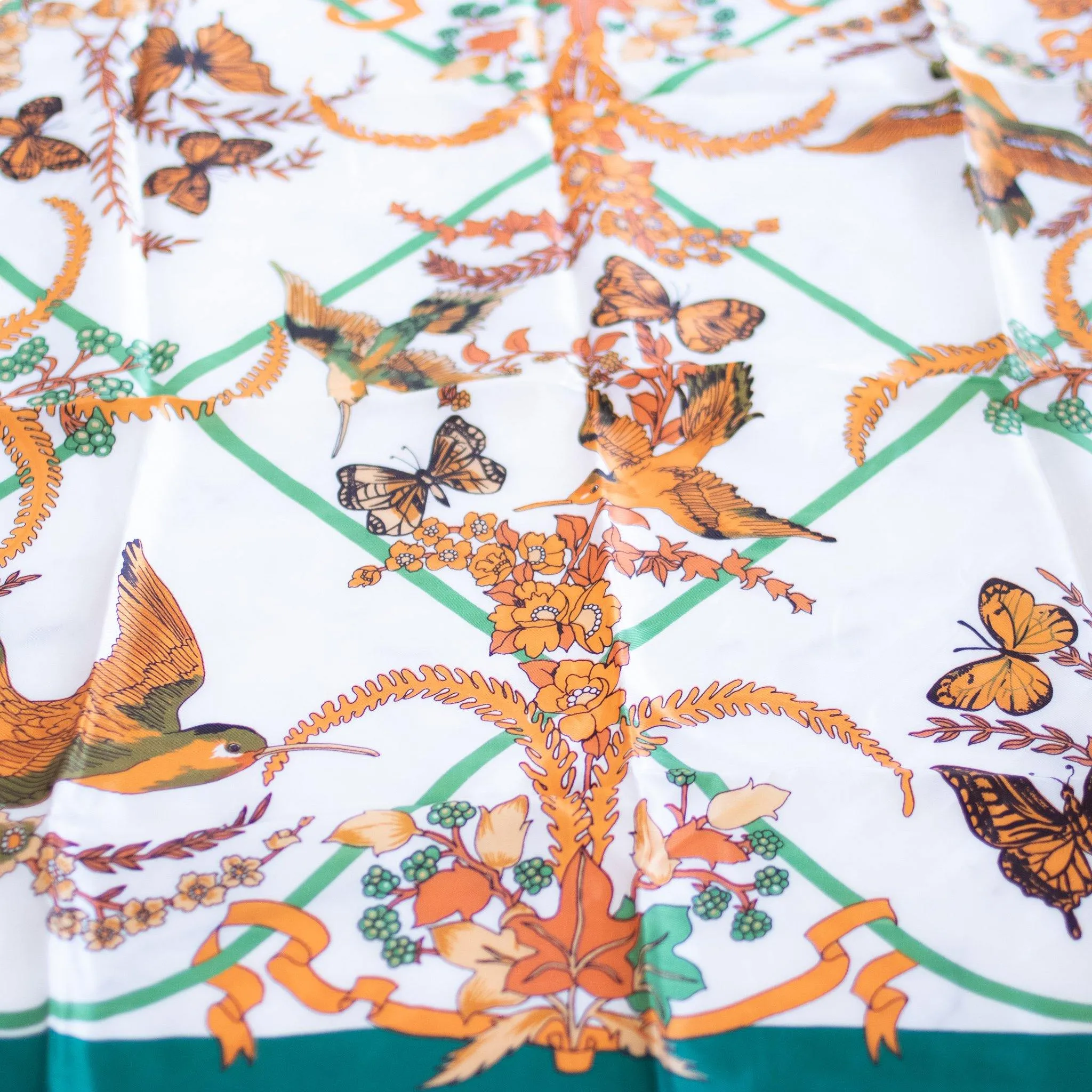 Vintage Orange and Green Scarf with Floral, Birds and Butterflies Motif