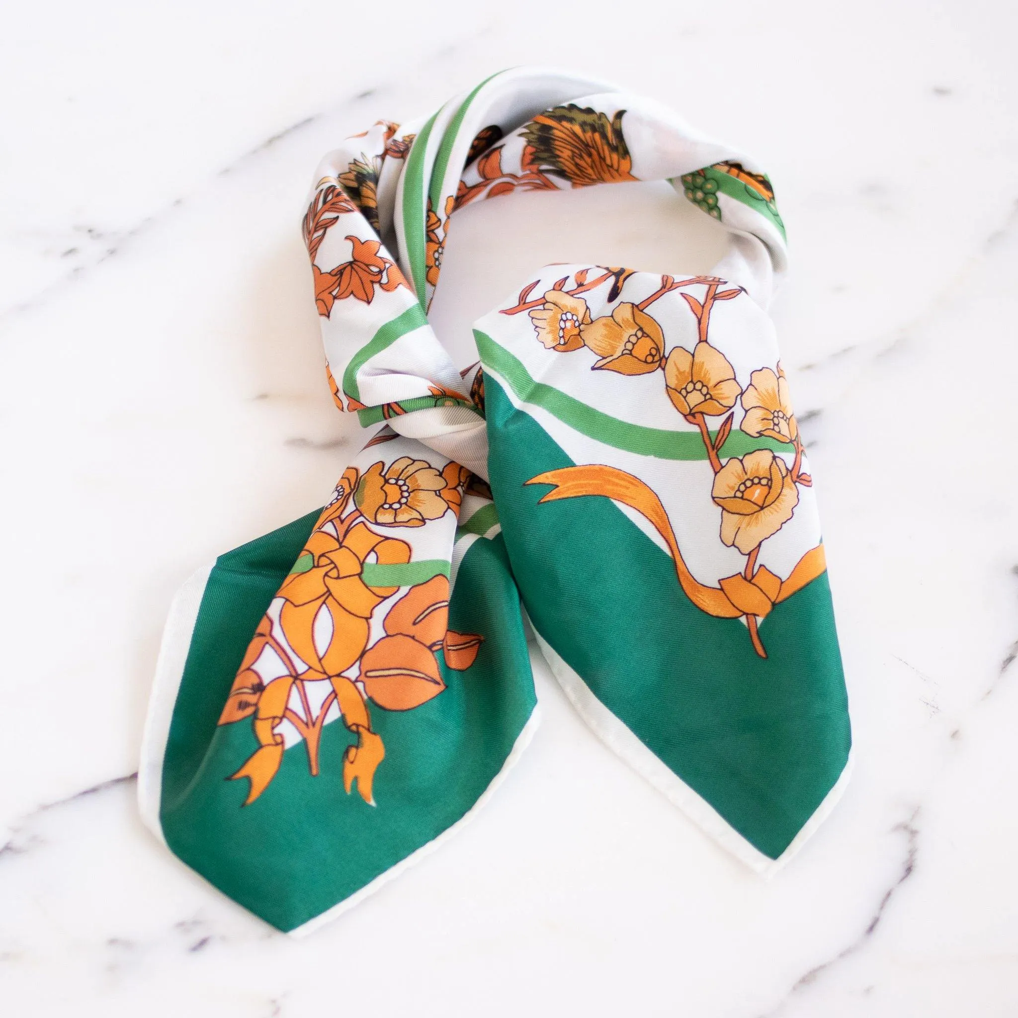 Vintage Orange and Green Scarf with Floral, Birds and Butterflies Motif