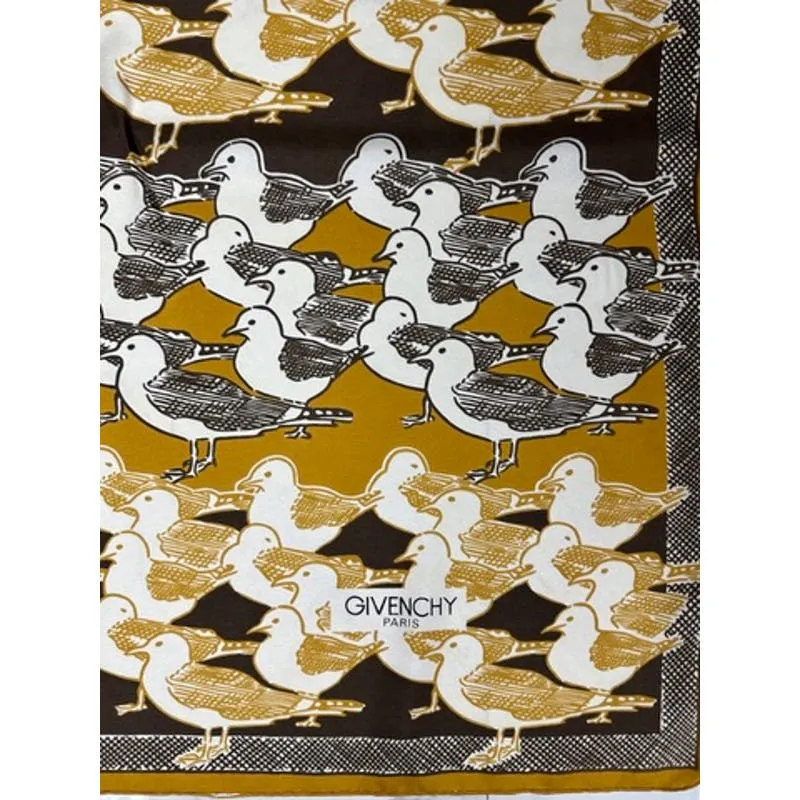 VTG Givenchy Mob Wife Silk Scarf France Brown Gold Bird Gull Design 30" Square