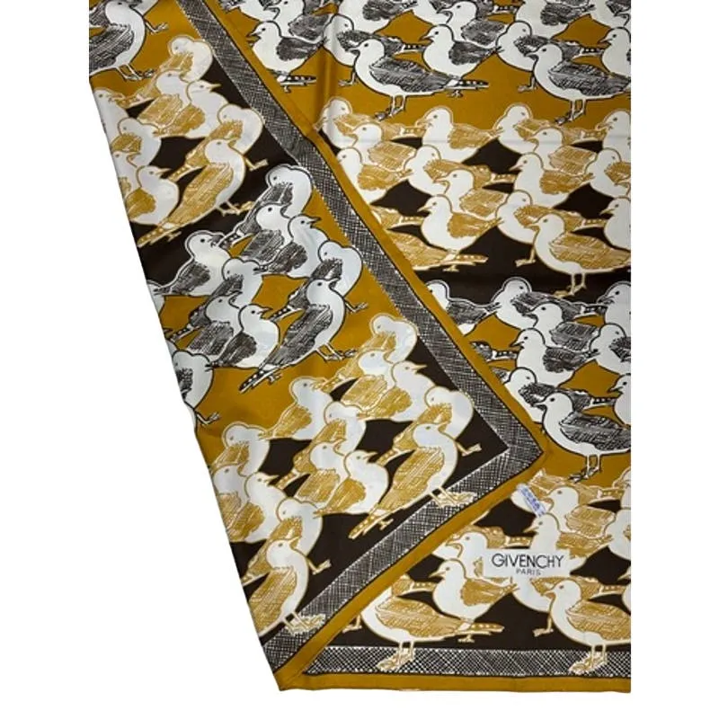 VTG Givenchy Mob Wife Silk Scarf France Brown Gold Bird Gull Design 30" Square