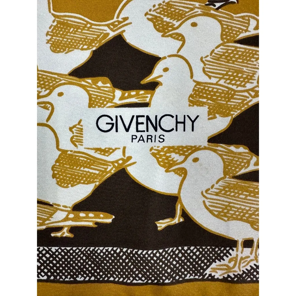 VTG Givenchy Mob Wife Silk Scarf France Brown Gold Bird Gull Design 30" Square