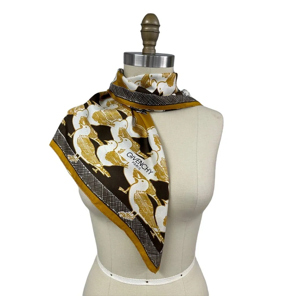 VTG Givenchy Mob Wife Silk Scarf France Brown Gold Bird Gull Design 30" Square